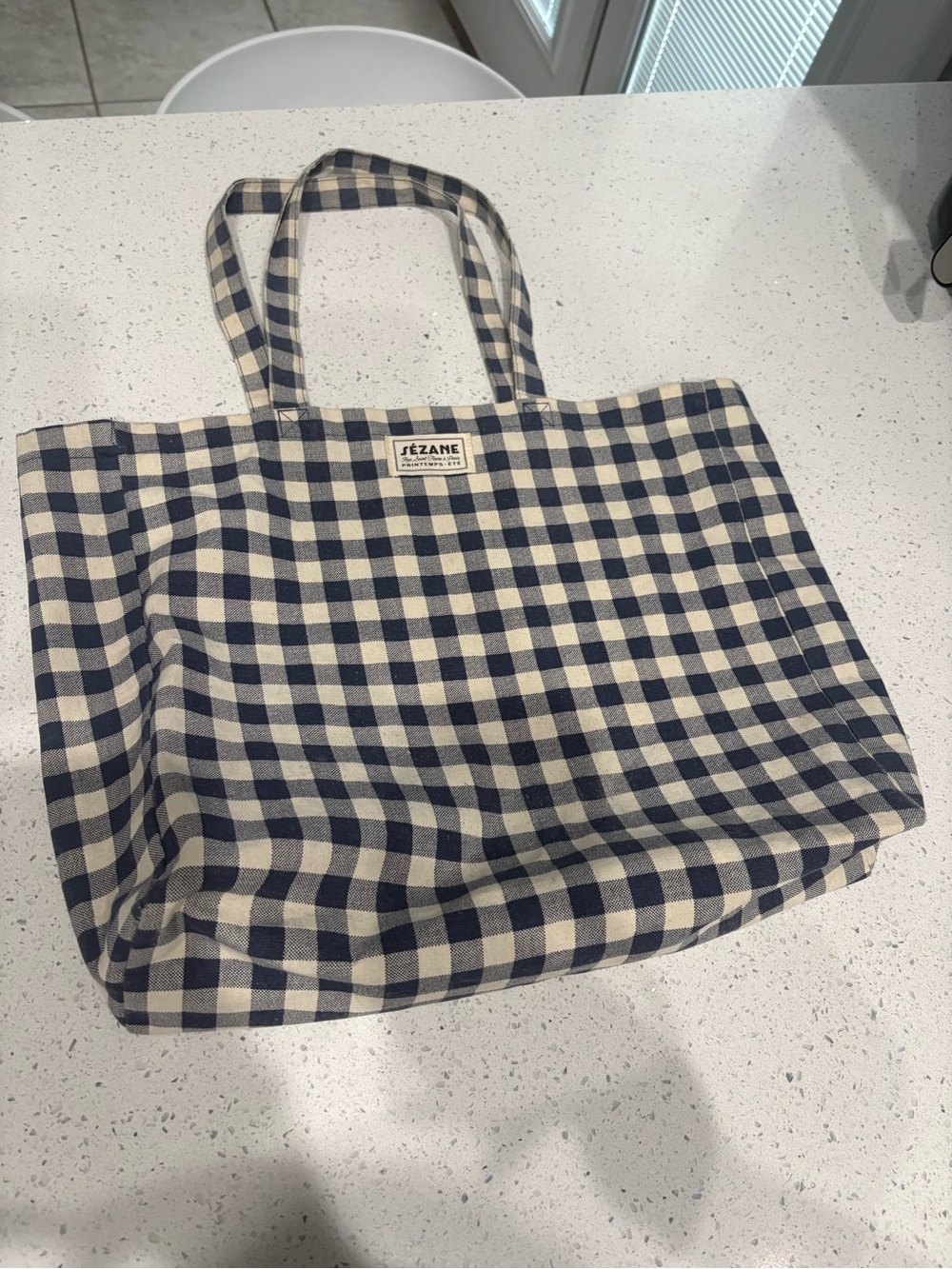 Sézane Navy and Cream Gingham Tote